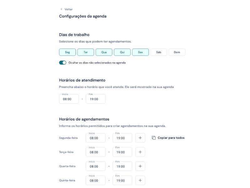 agenda wellness ajuste de dias e horários