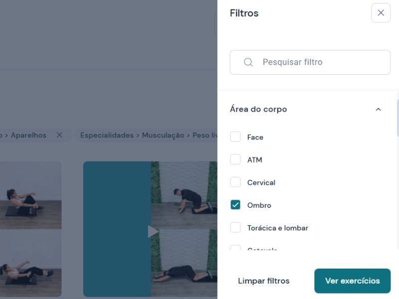 aplicativo para organizar treino academia filtro por áreas do corpo