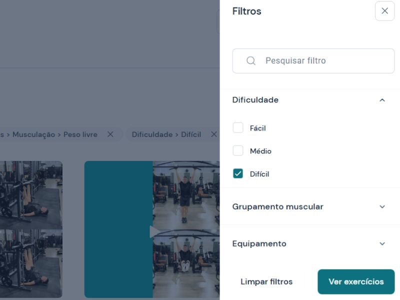 aplicativo para organizar treino de academia filtro por dificuldade