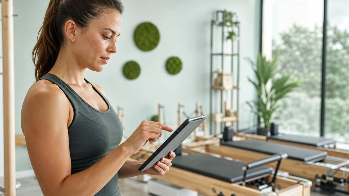 Profissional de educação física organizando aulas de Pilates em aplicativo de gestão no tablet, com equipamentos de Pilates ao fundo em estúdio com elementos decorativos em verde Profissional de educação física organizando aulas de Pilates em aplicativo de gestão no tablet, com equipamentos de Pilates ao fundo em estúdio com elementos decorativos em verde